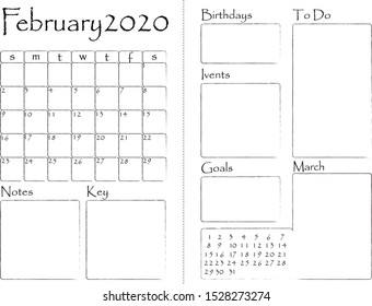 Monthly Planner Template. Vector. Stationery Organizer and Schedule.  Printable page for daily plans and remarks. Notes and to do list, goals and ivents. February 2020. Grunge lines and frames