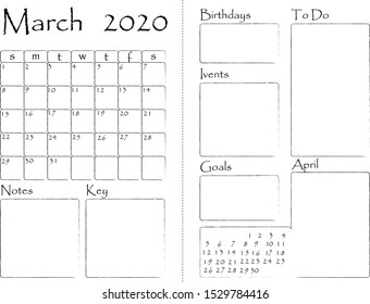 Monthly Planner Template. Vector. Stationery Organizer and Schedule.  Printable page for daily plans and remarks. Notes and to do list, goals and ivents. March 2020. Grunge lines and frames
