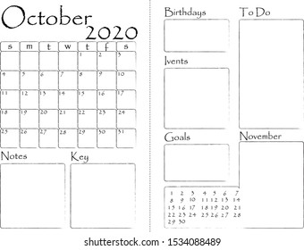 Monthly Planner Template. Vector. Stationery Organizer and Schedule.  Printable page for daily plans and remarks. Notes and to do list, goals and ivents. October 2020. Grunge lines and frames