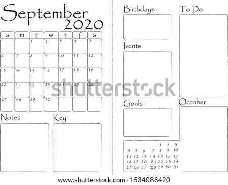 Monthly Planner Template. Vector. Stationery Organizer and Schedule.  Printable page for daily plans and remarks. Notes and to do list, goals and ivents. September 2020. Grunge lines and frames