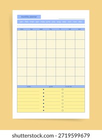 Monthly planner template with yearly tabs. Pastel blue and yellow calendar grid with space for notes, goals and to‑do lists. Printable vector organizer for scheduling and tracking priorities.