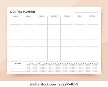 Monatlicher Planer. Monatlicher Fahrplan mit Gewohnheitssucher. Journal-Vorlage. Die Woche fängt Sonntag an. Organisator von Hausaufgaben. Leerer Zeitplan. Einfach Tagebuch leer. Papiergröße A4. Vektorgrafik.