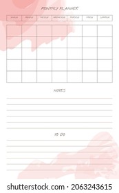 monthly planner trendy template with handwritten font and delicate watercolor brush stroke elements in pastel palette.