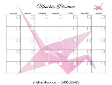 Monthly planner universal for any month with clean empty places. You can enter your numbers. With origami background
