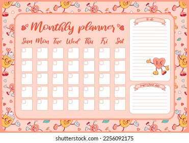 Monthly planner. Valentines Day, cherries, coffee mug, heart. Trendy old retro cartoon style. To do list, template design, important dates. Schedule for printing, calendar for study, scool or work