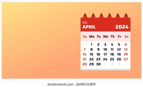 Monthly planner view April 2024. Orange calendar landscape. April 2024 calendar. 2024 Weekend starts on sunday. Flat layout design for digital post or flyer. Vector illustration.