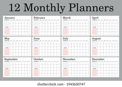 Monthly planners A4 size, set of 12 planner pages, great for dairies organizers, bullet journal.
