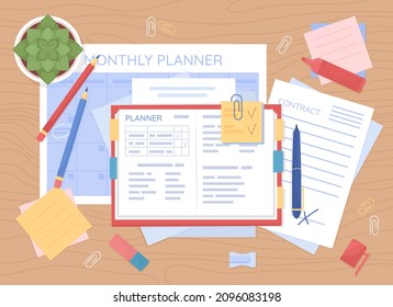 Monthly planning flat color vector illustration. Open diary. Calendar sheet. writing in textbook. Organization and strategy. Top view 2D cartoon illustration with desktop on background collection