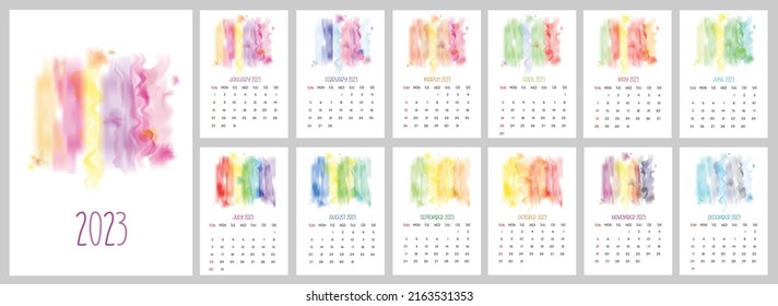 Monthly Printable Calendar 2023 Watercolor Design Stock Vector (Royalty ...