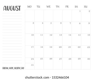 Monthly printable planner, organizer and schedule template for August 2020. 
