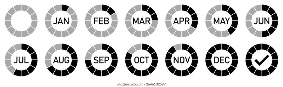 Controlador de progresso mensal com ícones circulares de calendário para cada mês. Controlador de progresso mensal circular com 12 ícones de calendário representando janeiro a dezembro. cada ícone mostra o progresso de preenchimento parcial.