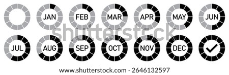 Monthly progress tracker with circular calendar icons for each month. Circular monthly progress tracker with 12 calendar icons representing january to december. each icon shows partial fill progress.