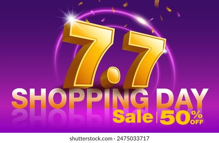 Monthly promotion template 7.7 Three-dimensional seven figures on a dark background and neon LED lights. Promotional campaign design for advertising. Online shopping on social media. Vector file.