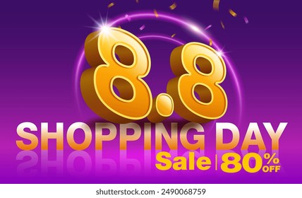 Monthly promotion template 8.8 Three-dimensional eight figures on a dark background and neon LED lights. Promotional campaign design for advertising. Online shopping on social media. Vector file.