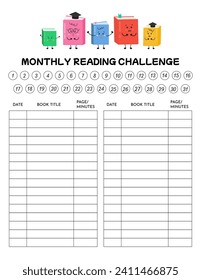 Monthly reading challenge, read book very day. Printable reading log, chart, tracking progress, for motivating kids, literature classes, library, school education, book clubs. Reading activity, hobby.