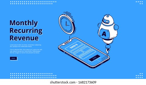 Monthly recurring revenue banner. Fixed earnings and payments, MRR concept. Vector landing page of recurring income with isometric icons of smartphone screen, artificial Intelligence and time reminder