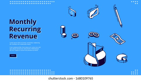 Monthly recurring revenue, mrr isometric landing page. Pie chart, pen, coins and paper money bill on blue background. Budget and income calculation, earning analysis 3d vector line art web banner