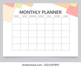 Monthly schedule planner worksheet design template. Blank printable goal setting sheet. Time management sample. Scheduling page for organizing personal tasks. Oxygen Bold, Regular fonts used