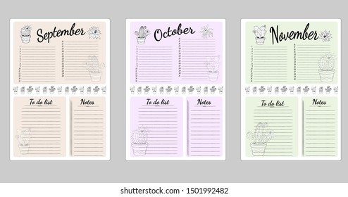 Monthly sheets of business plans and habits for the fall months of September, October and November. List to do