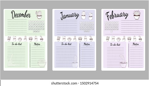 Monthly sheets of business plans and habits for the winter months of December, January and February. List to do