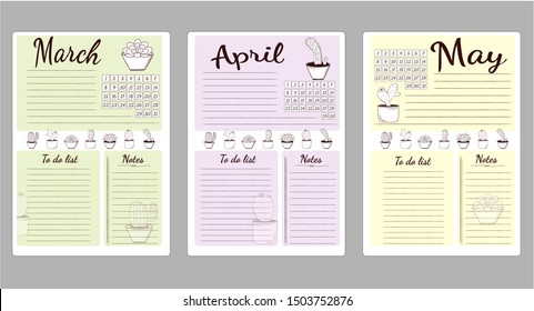 Monthly sheets of business plans and habits list to do, in the spring months of March, April, May.