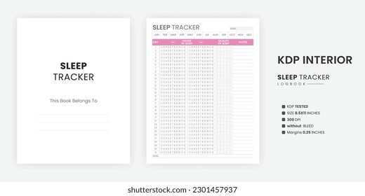 Monatsschlaf-Stunden-Tracker-Logbuch-Chart druckbare KDP Innenvorlage. A gehört zur Seite US Buchstabengröße auf weißem Hintergrund Sleep Tracker Seite mit Kindle Direct Publishing Interior Template.