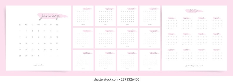 Monthly square calendar template for 2024 year. Week Starts on Sunday. Aesthetic minimal style 2024 year calendar.