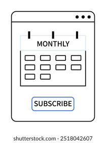 A monthly subscription calendar within a browser window. Calendar shows a monthly view, above a SUBSCRIBE button. Ideal for online services, subscriptions, scheduling, time management, and planning.