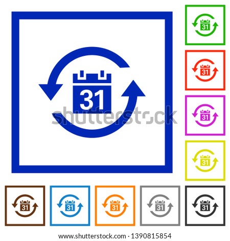 Monthly subscription flat color icons in square frames on white background