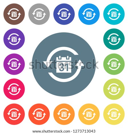 Monthly subscription flat white icons on round color backgrounds. 17 background color variations are included.