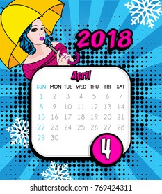 Monthly Template 2018 Calendar sign. Pop-art comic style colorful icons. Vector illustration.