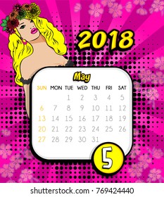 Monthly Template 2018 Calendar sign. Pop-art comic style colorful icons. Vector illustration.