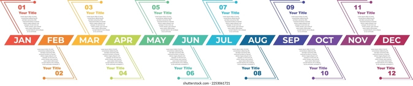 Monthly Timeline presentation for 1 year, Timeline infographics design can be used for Business concept with 12 steps, process vector