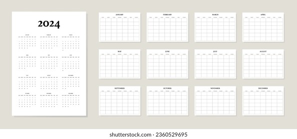 Planeadores de plantillas mensuales sin fecha con calendario 2024 año en un estilo minimalista. La semana empieza el domingo. Ilustración del vector