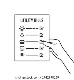 Monthly Utility Bills Paper In Thin Line Hand. Simple Stroke Art Abstract Modern Graphic Web Linear Design Element Isolated On White Background. Concept Of Business Report Or House Energy Efficiency