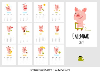 Monthly vector calendar 2019 with cute cartoon little pink pig. Vertical editable template. Symbol of the year in the Chinese calendar.