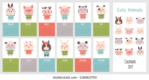 Monthly vector calendar 2019 with cute cartoon little pig, horse, sheep, cow, goat, rabbit, hamster, donkey, cat, dog, mouse. Vertical editable template. Symbol of the year in the Chinese calendar.