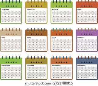 Conjunto de iconos de Vector de calendario de Vector mensual. Icono del calendario de la tabla de 12 meses en diverso color