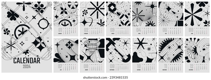 Monthly vector monochrome calendar 2024 with week start Sunday, 12 pages in the style of brutalism and acid, Work or business planner with Y2k illustration, English version