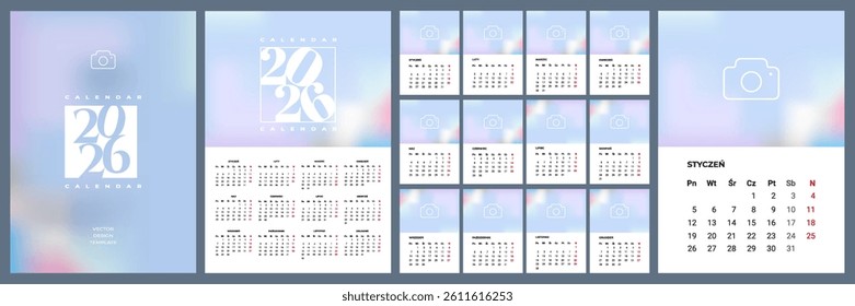 Monthly vertical calendar template for 2026 year in Polish language with week start Monday. Corporate design layout for print, wall calendar, digital calendar. Suitable for A3 A4 A5 format.