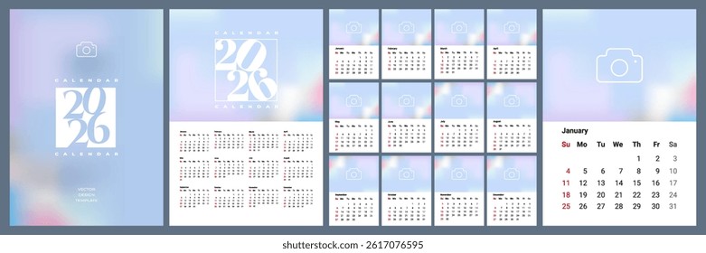 Monthly vertical calendar template for 2026 year with week start Sunday. Corporate design layout for print, wall calendar, digital calendar. Suitable for A3 A4 A5 format.