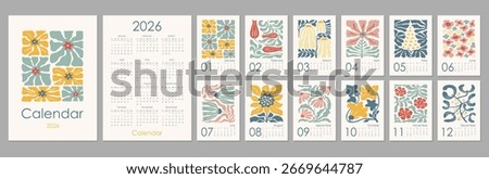 Monthly vertical flowers wall calendar 2026 design template. Abstract vector illustration floral poster vintage designs. Sunday start annual calendar. Set of 12 months. Cover A4 A3 A2 A5