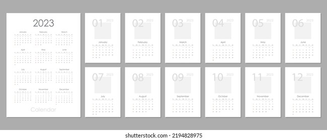 Monthly vertical wall calendar 2023 design tamplate black, grey, red and white colors. Sunday start annual calendar. Set of 12 months. Cover A4 A3 A2 A5