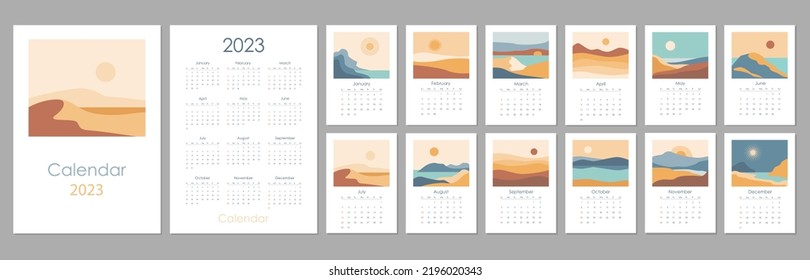 Monthly vertical wall calendar 2023 design tamplate. Abstract natural boho landscapes. Sunday start annual calendar. Set of 12 months. Cover A4 A3 A2 A5