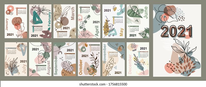 Monthly Wall 2021calendar Floral Line Art Vector Leaves Background, Printable Creative Template With Floral Elements