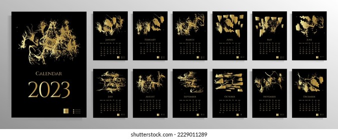 Calendario mensual para 2023. Fijado para 12 meses. Diseño elegante en negro y oro. Ilustración vectorial.