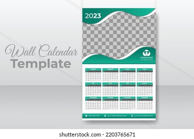 Monthly wall calendar design template for 2023 with abstract green shapes. Week starts from Sunday. Modern and minimal wall calendar for 2023 with white background