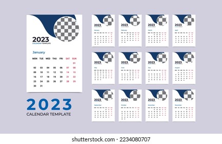 Monthly wall calendar template for 2023 year. Week starts from Sunday. 12 months templates. 2023 minimal wall calendar planner design for printing template. vector illustration.