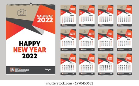 Monthly wall calendar template design for 2022 year. Week Starts on Sunday. Planner diary with Place for Photo.