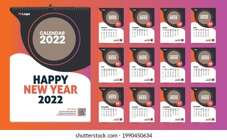 Monthly wall calendar template design for 2022 year. Week Starts on Sunday. Planner diary with Place for Photo.